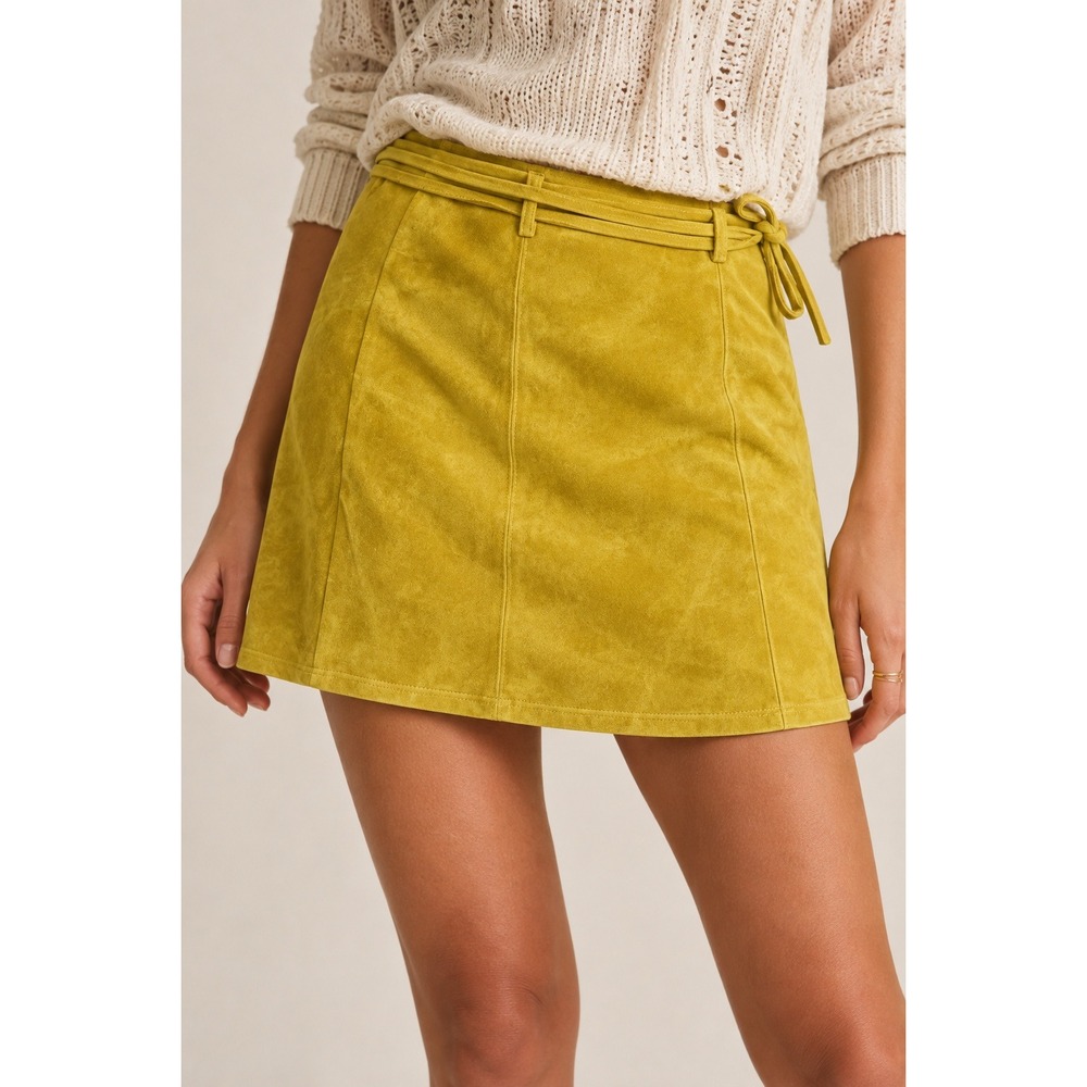 Wild Honey Faux Suede Mini Skirt Women Mustard Yellow Tie Waist Zipper Medium